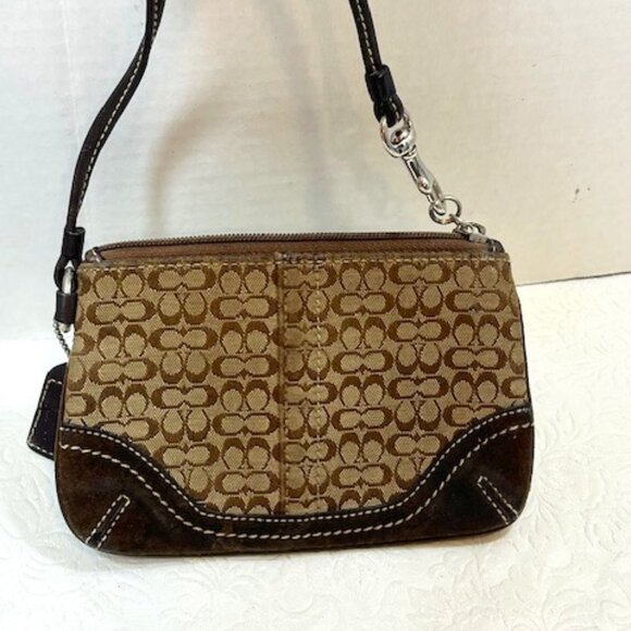 VTG Mini Coach Brown Signature Jacquard Fabric Zip Wristlet 6.25"x4" - Picture 1 of 14